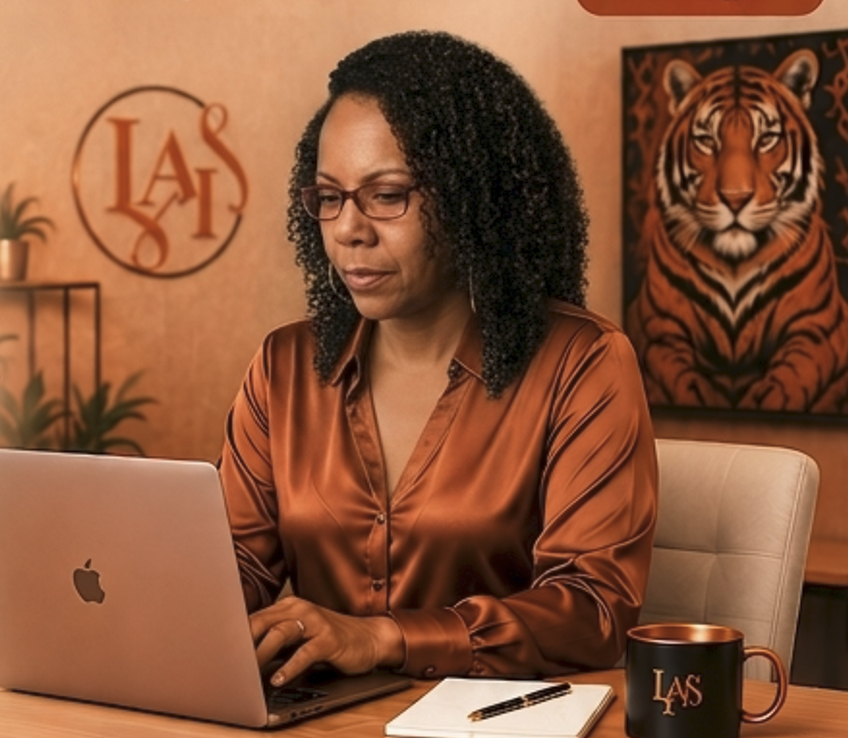 Lezley — founder of Lezleyz AI Custom Consulting, working at her desk